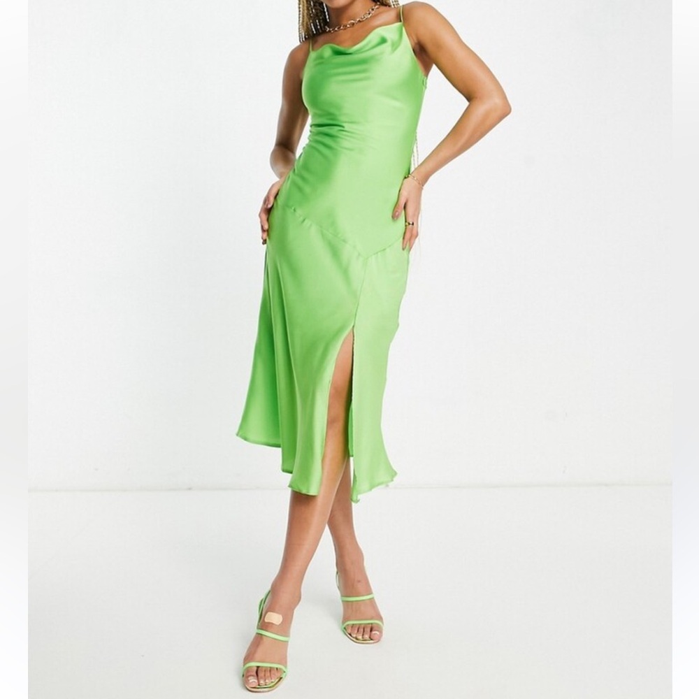 Trendyol Satin Slip Dress Lime Green Draped Front Slit Made Turkey Sz 42